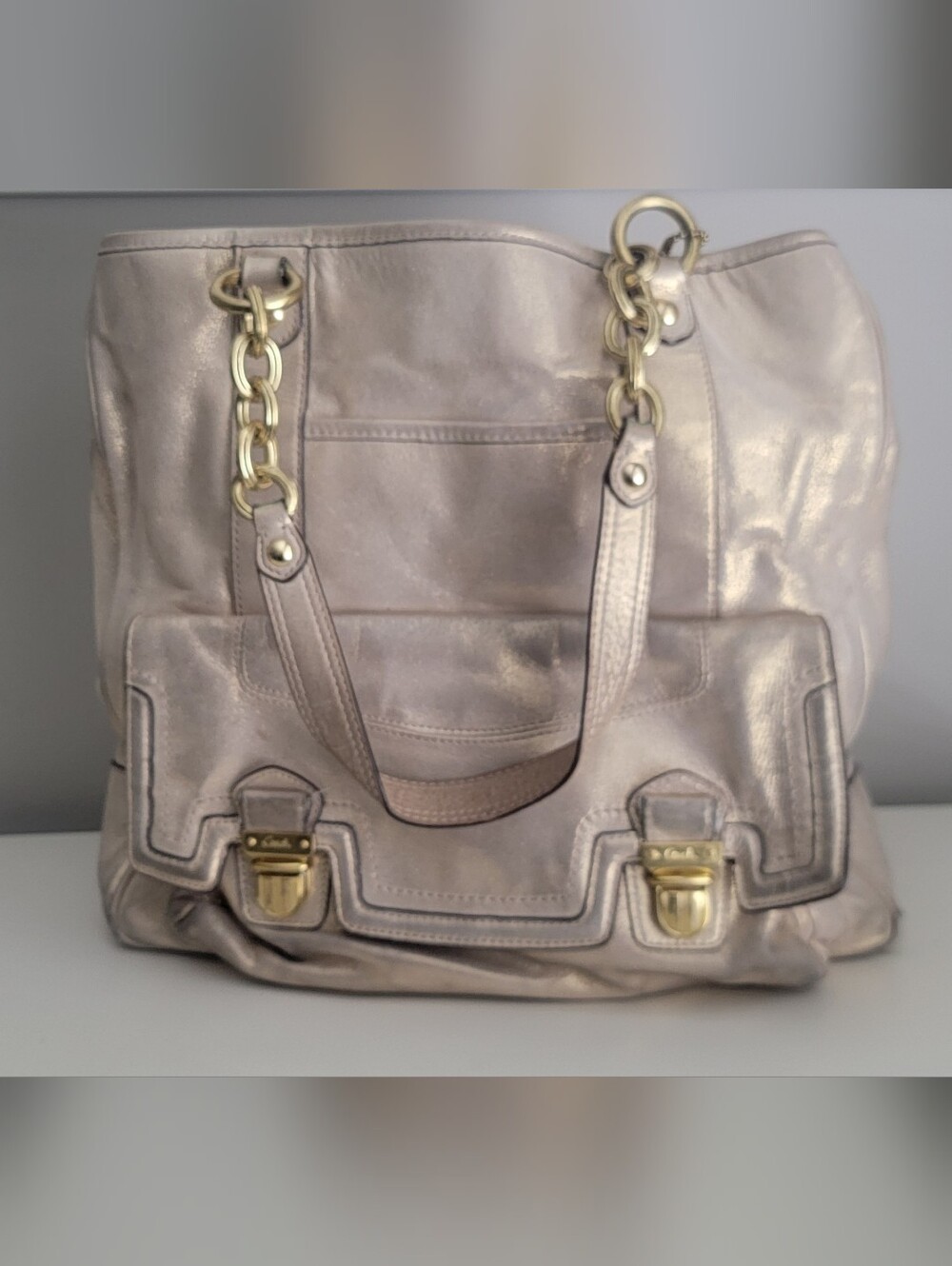 Coach Poppy Pushlock Metallic Champagne Tote Bag 17924 + Dust Bag